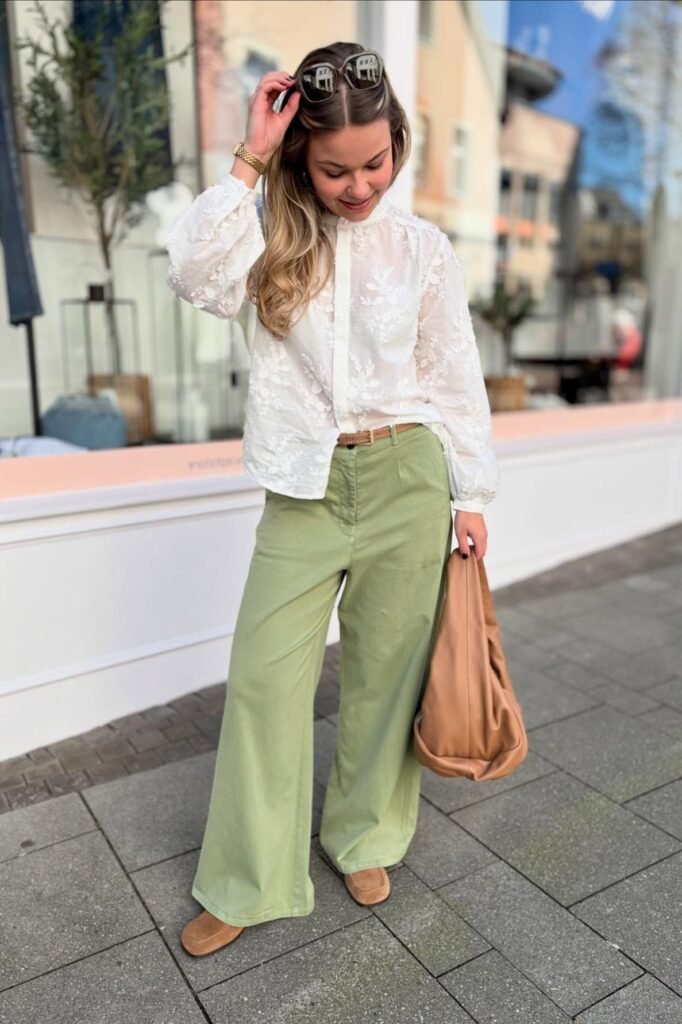 White Embroidered Eyelet Blouse + Sage Green Wide-Leg Trousers + Tan Suede Loafers