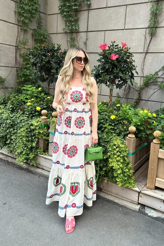 White Embroidered Floral Maxi Dress + Green Top-Handle Bag + Pink H-Sandals