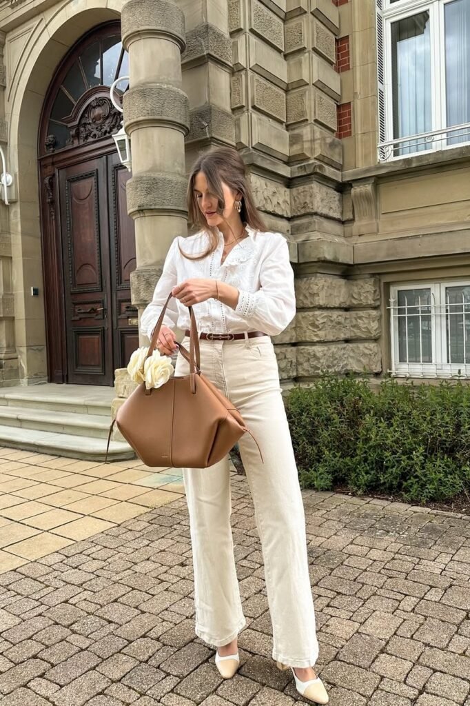 White Eyelet Blouse + Off-White Straight-Leg Jeans + Two-Tone Pointed Flats