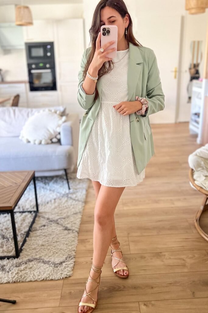 White Eyelet Lace Mini Dress + Mint Green Blazer + Gold Strappy Gladiator Sandals