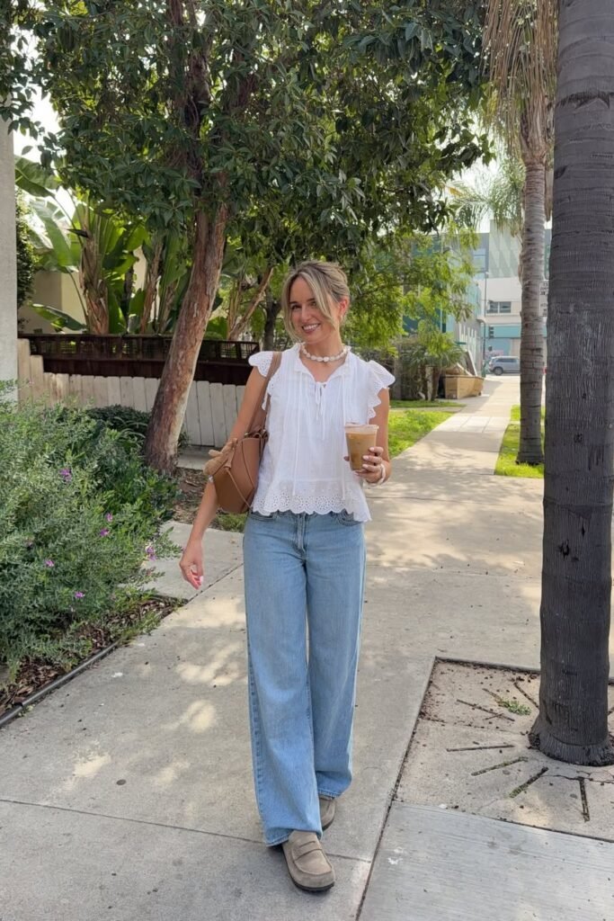 White Eyelet Ruffle Blouse + Light Wash Wide-Leg Jeans + Grey Suede Loafers