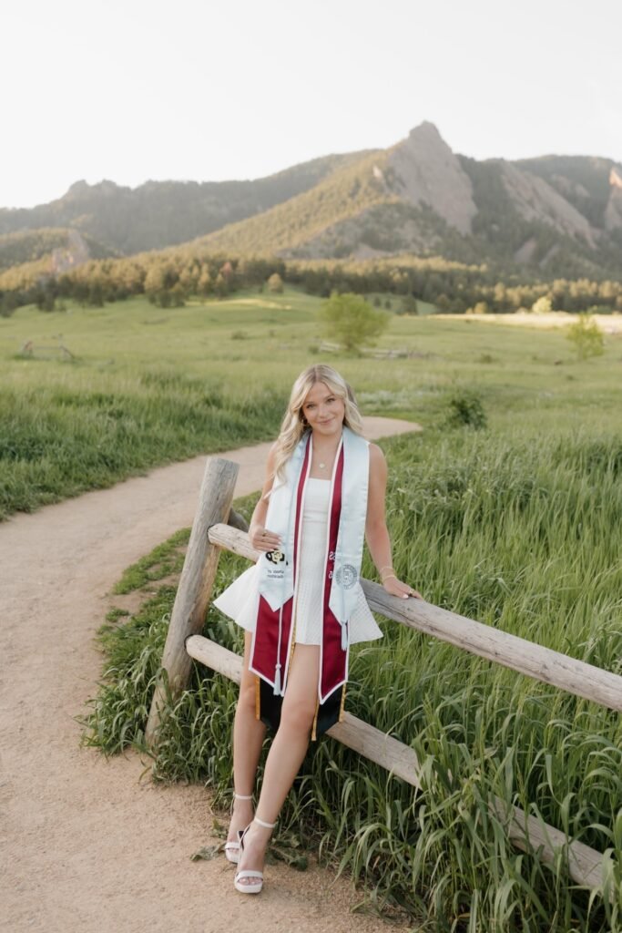 White Eyelet Tiered Mini Dress + Maroon and Light Blue Graduation Sash + White Block Heel Sandals