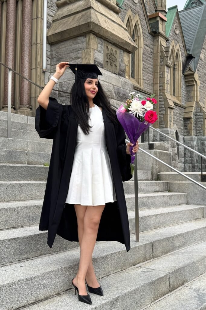 White Fit-and-Flare Mini Dress + Graduation Gown & Cap + Black Pointed-Toe Mules