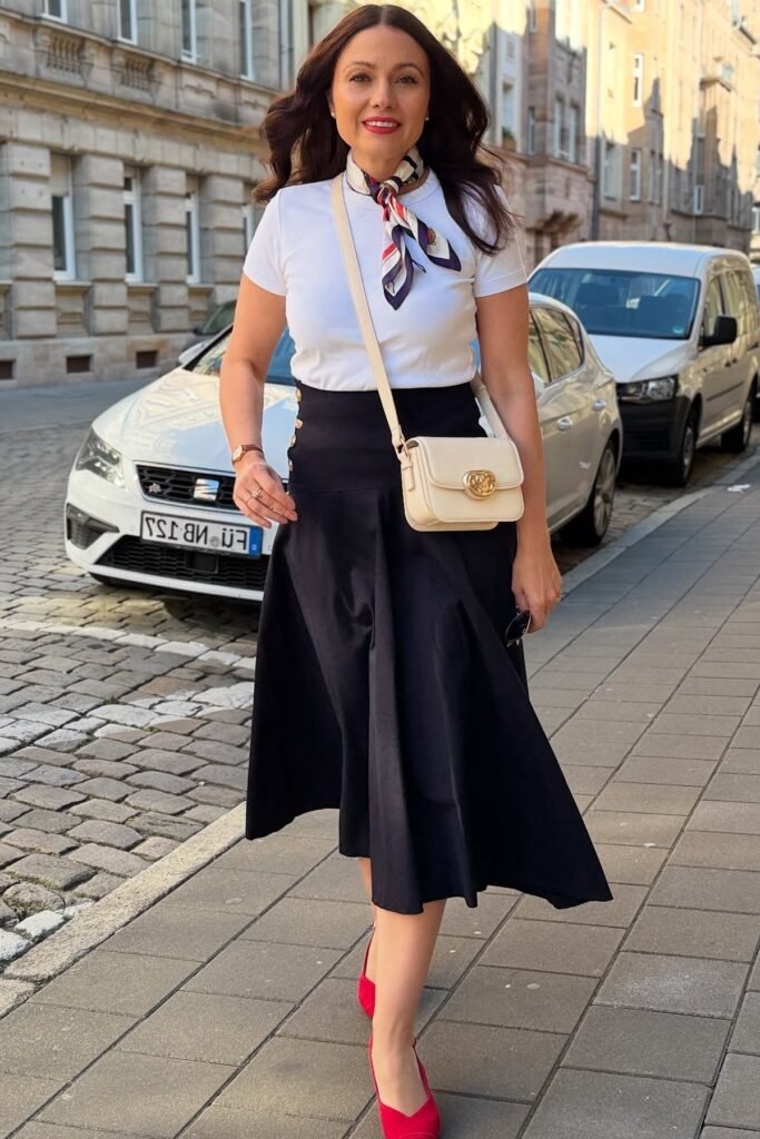 White Fitted T-Shirt + Black High-Waisted A-Line Skirt + Red Pointed Pumps