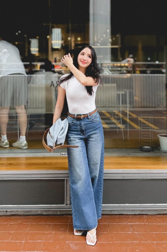 White Fitted T-Shirt + Medium Wash Wide-Leg Jeans + White Thong Sandals
