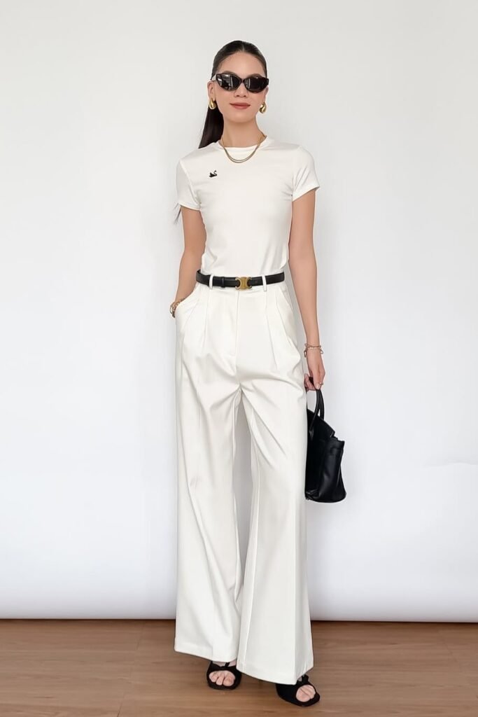 White Fitted T-Shirt + White High-Waisted Wide-Leg Trousers + Black Platform Sandals