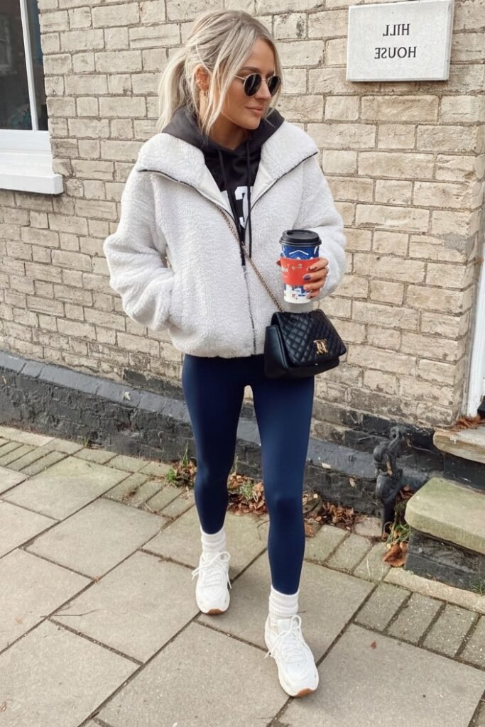 White Fleece Zip-Up + Black Hoodie + Navy Leggings + White Sneakers