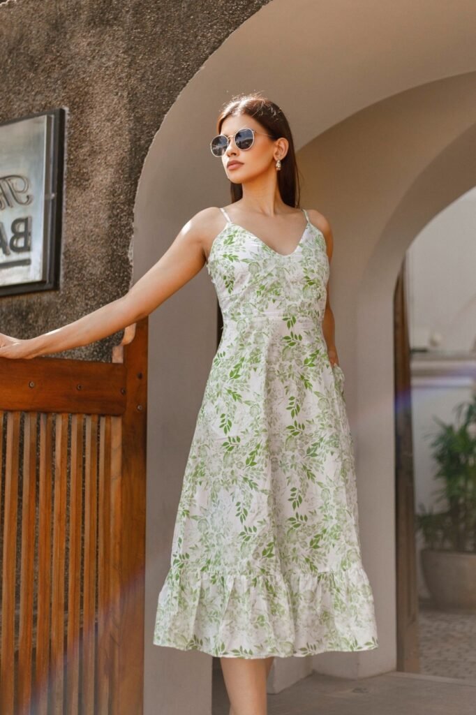 White Floral A-Line Midi Dress + Round Sunglasses + Gold Earrings