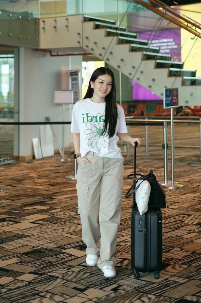 White Floral Graphic Tee + Tan Cargo Pants + White Sneakers