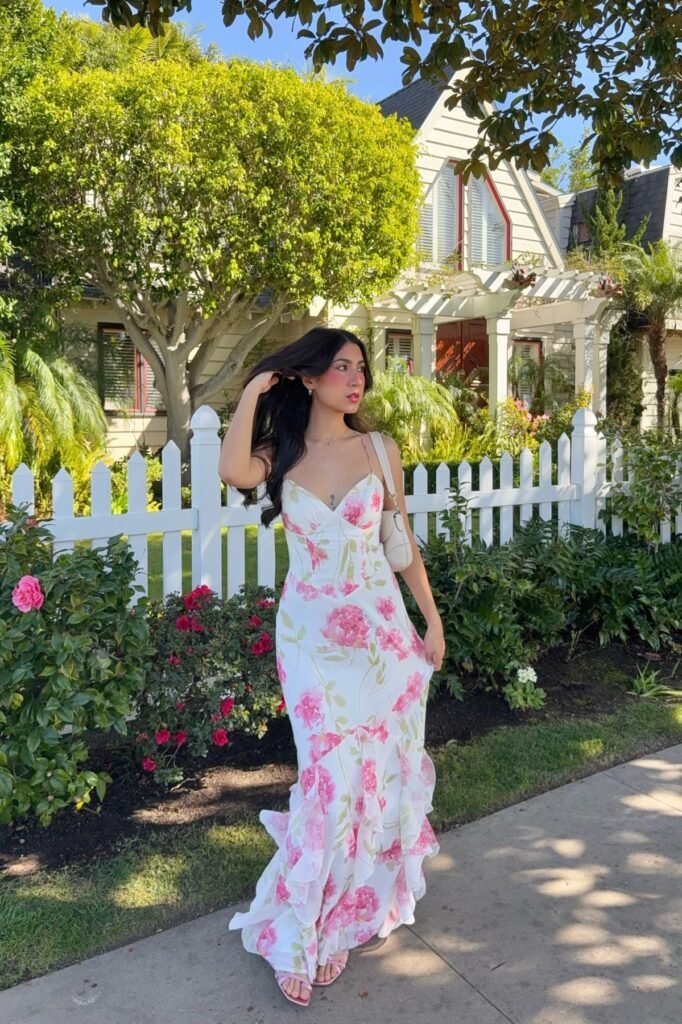 White Floral Mermaid-Style Maxi Dress + Pink Strappy Sandals + Cream Shoulder Bag