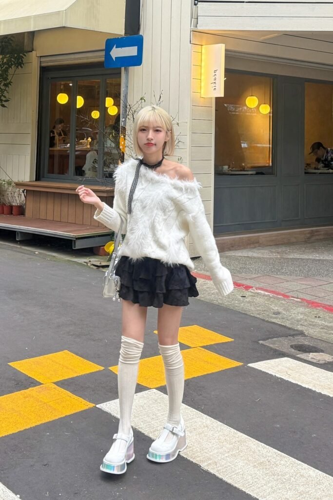 White Fuzzy Off-the-shoulder Sweater + Black Ruffle Mini Skirt + White Over-the-knee Socks + White Platform Mary Janes