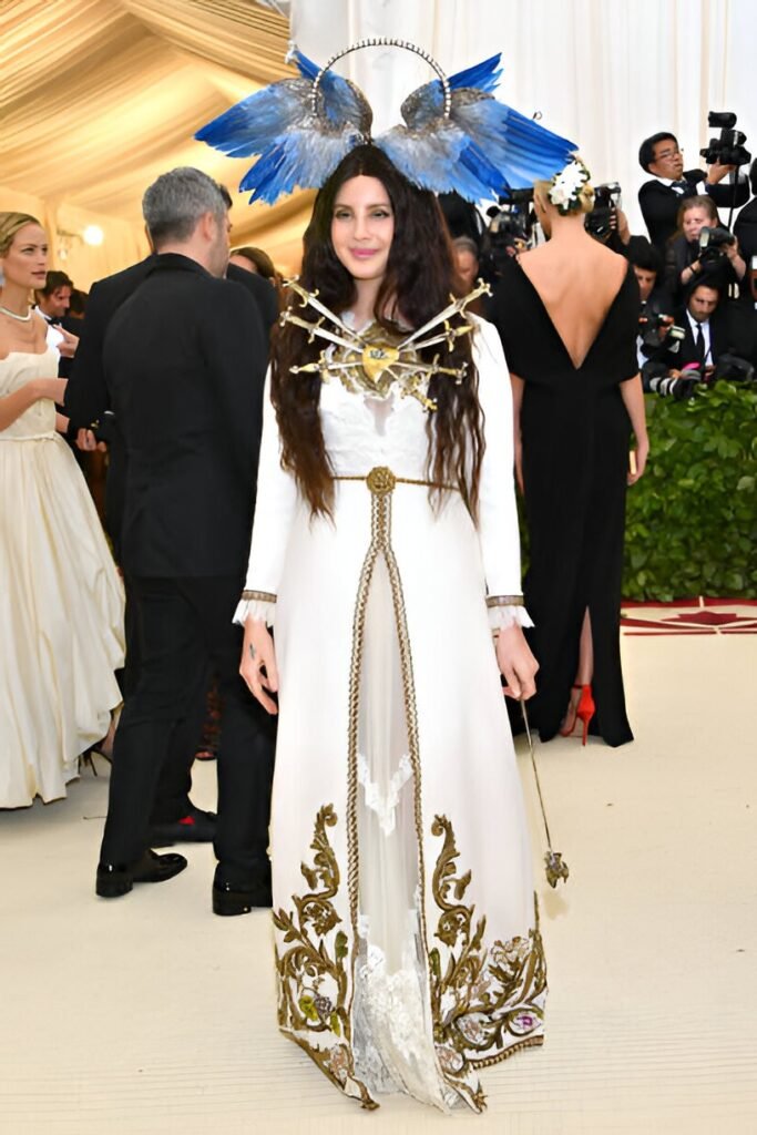 White Gold-Embroidered Gown + Sacred Heart Chest Piece + Blue Feathered Halo Headpiece