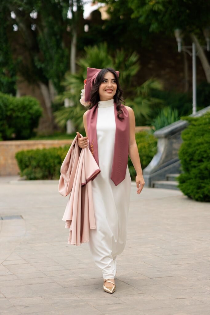 White High-Neck Maxi Dress + Mauve Graduation Stole + Gold Pointed-Toe Flats
