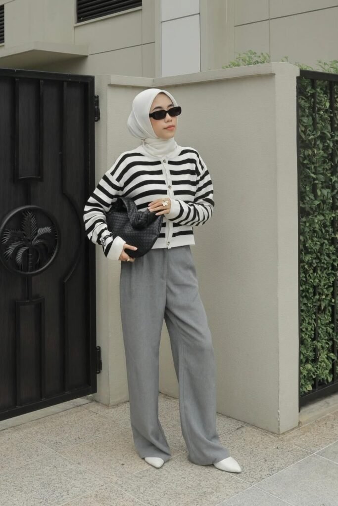 White Hijab + Black & White Striped Cardigan + Grey Straight-Leg Trousers + White Pointed Flats