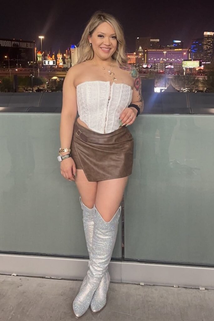 White Lace Corset + Brown Leather Mini Skirt + Glittery Silver Boots