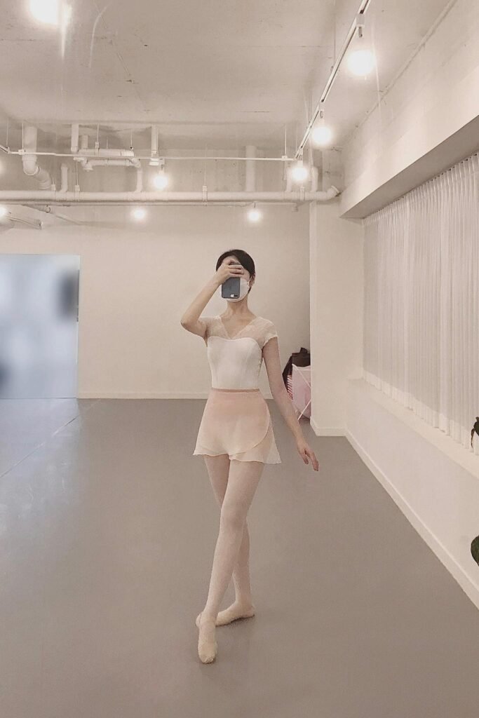 White Lace-Detail Leotard + Sheer Pink Wrap Skirt + Pink Ballet Tights & Slippers