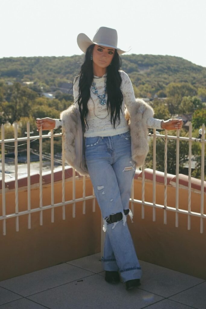 White Lace Long Sleeve + Distressed Light Wash Jeans + Furry Cream Vest