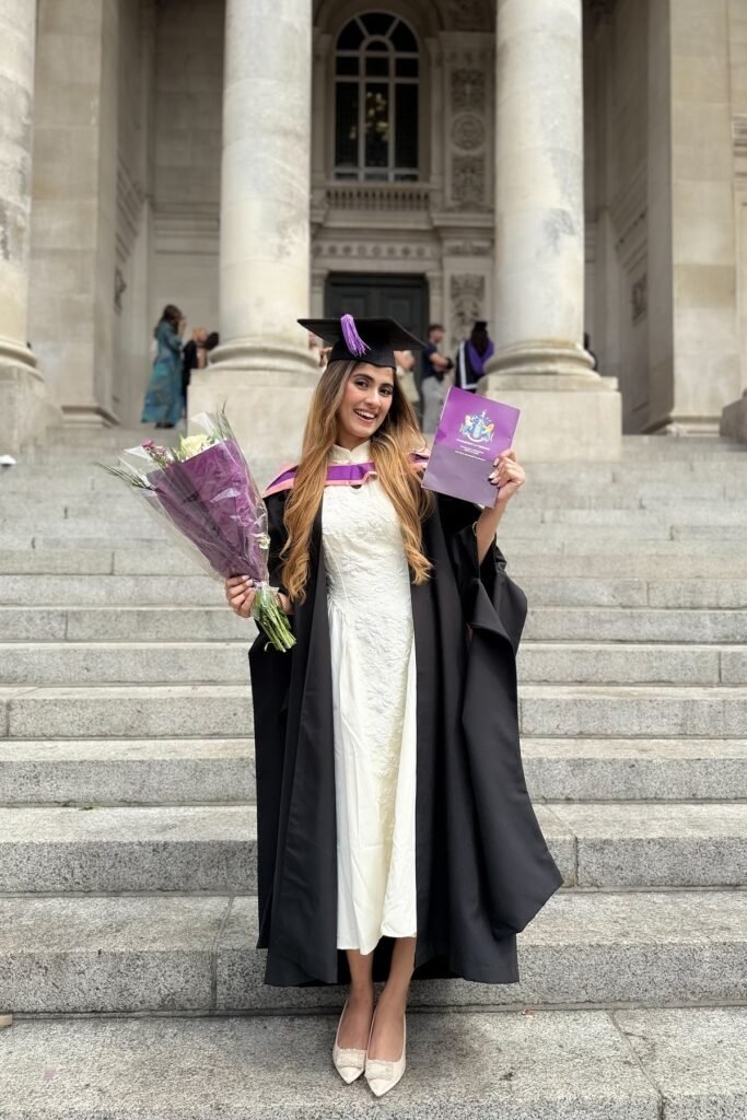 White Lace Midi Dress + Black Graduation Gown + Beige Buckle Heels