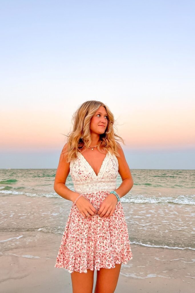 White Lace & Pink Floral Mini Dress + Beaded Bracelets + Barefoot