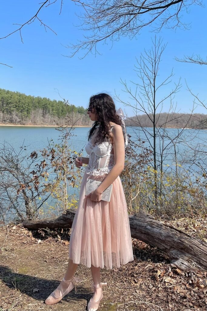 White Lace Sheer Corset Top + Pink Layered Tulle Midi Skirt + Pink Satin Ballet Flats with Ribbon Ties