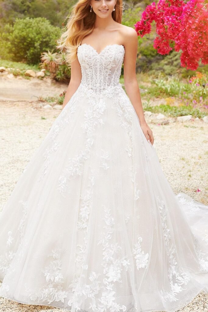 White Lace Sweetheart Ballgown + Intricate Embroidery + Strapless Corset