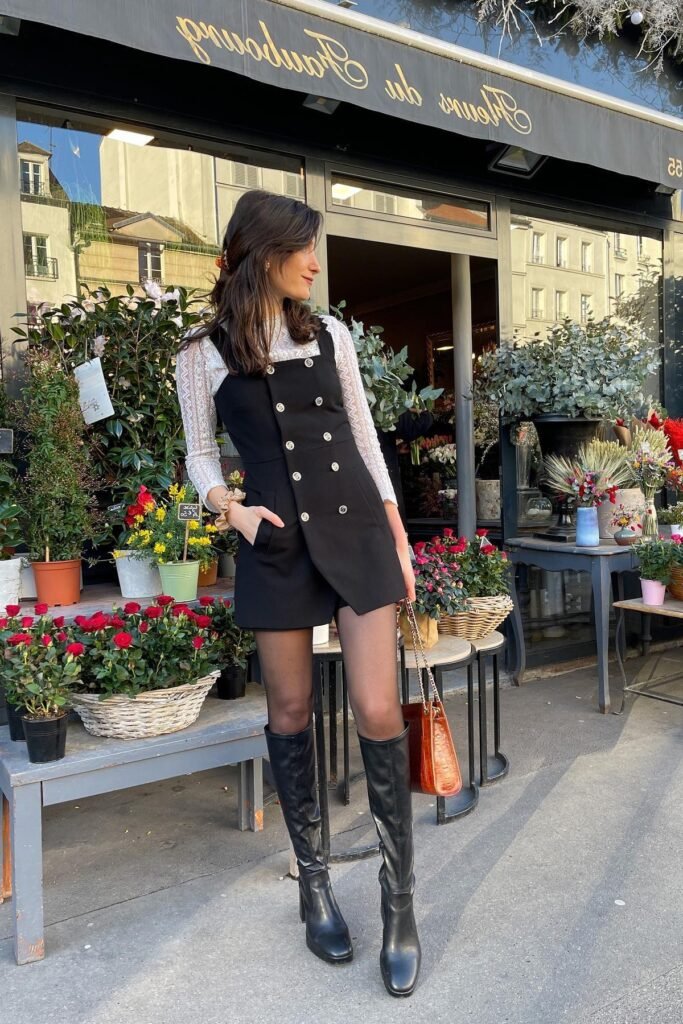 White Lace Top + Black Double-Breasted Pinafore + Knee-High Black Boots