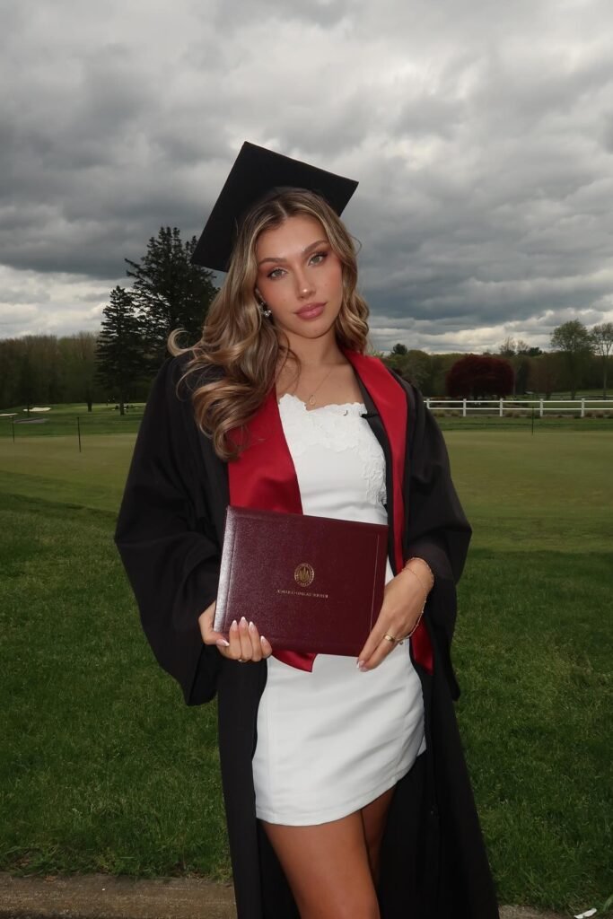 White Lace-Trim Bodycon Dress + Graduation Gown & Cap + Gold Jewelry