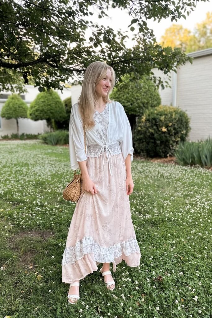 White Lace-Trim Bolero + Floral Print Maxi Dress + White Strappy Sandals