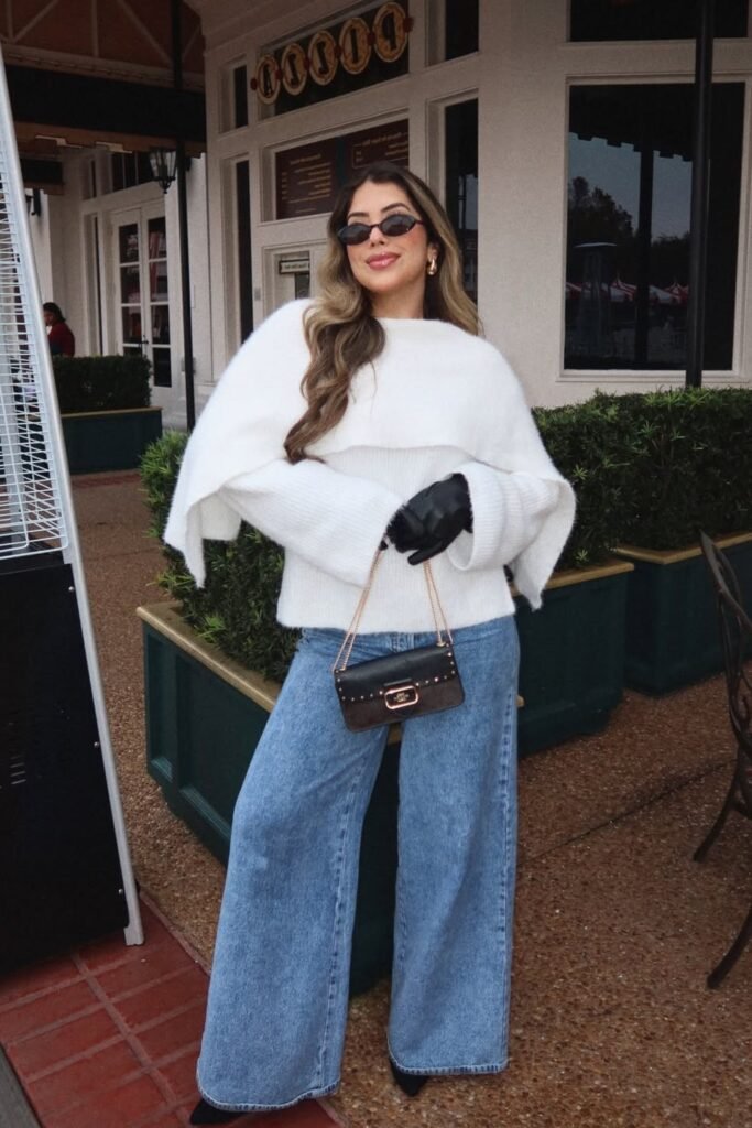 White Layered Knit Sweater + Light Wash Wide-Leg Jeans + Black Pointed-Toe Heels