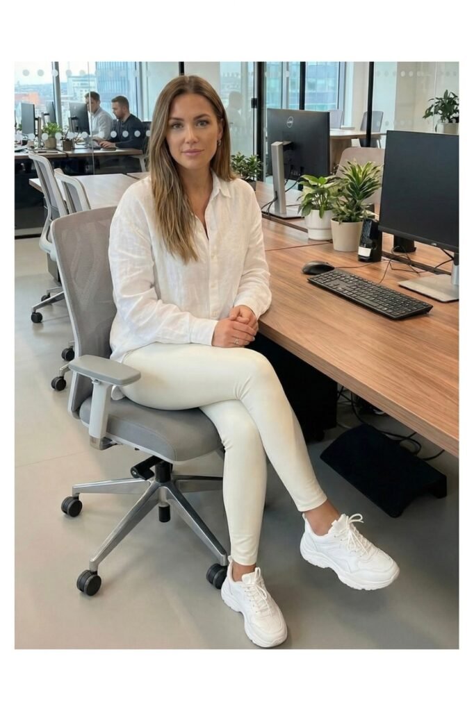 White Linen Button-Down Shirt + Off-White Leggings + Chunky White Sneakers