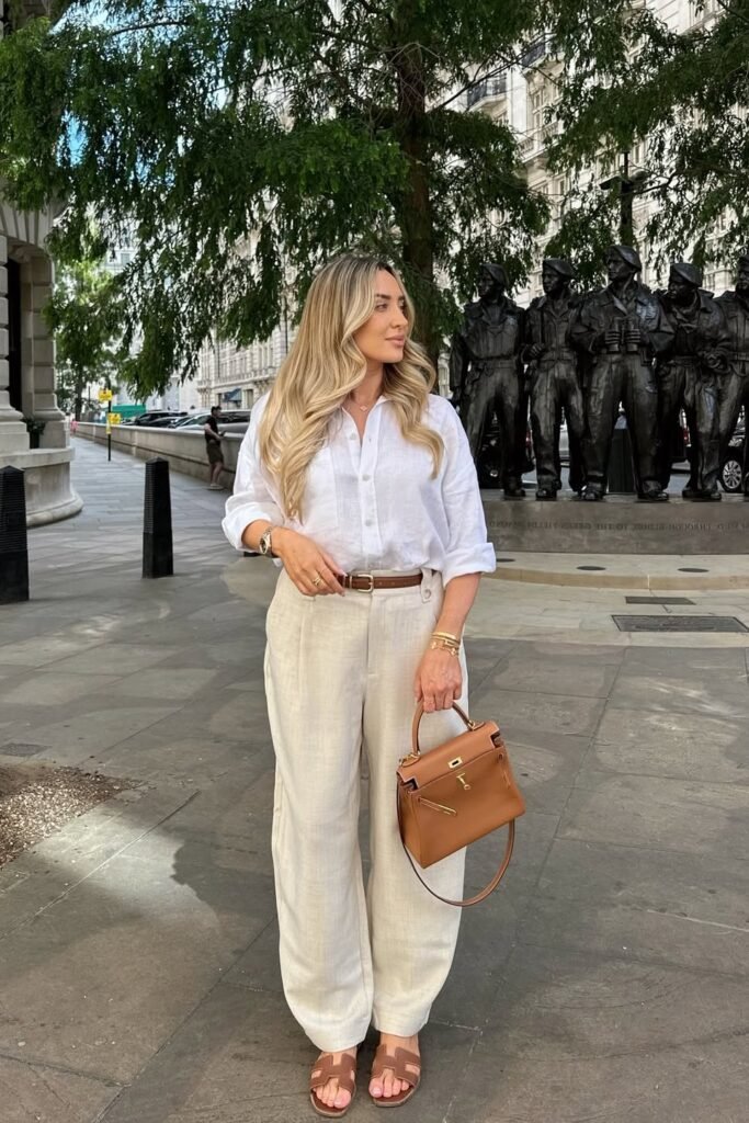 White Linen Shirt + Beige Wide-Leg Trousers + Brown Leather Slides