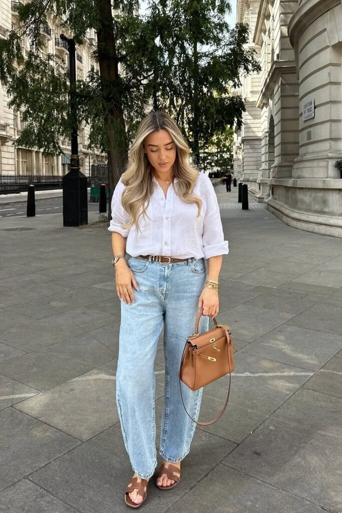 White Linen Shirt + Light Wash Jeans + Brown Leather Slides