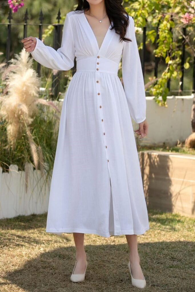 White Long-Sleeve Button-Down Maxi Dress + Cream Pointed-Toe Pumps