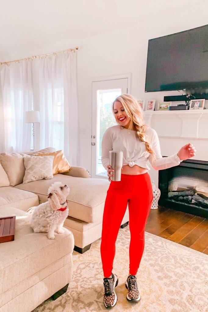 White Long Sleeve Knot-Front Top + Bright Red Leggings + Leopard Print Sneakers