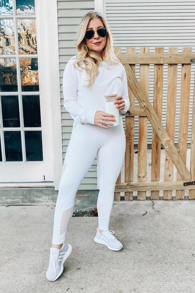 White Long-Sleeve Performance Top + White Panel Leggings + White Adidas Sneakers