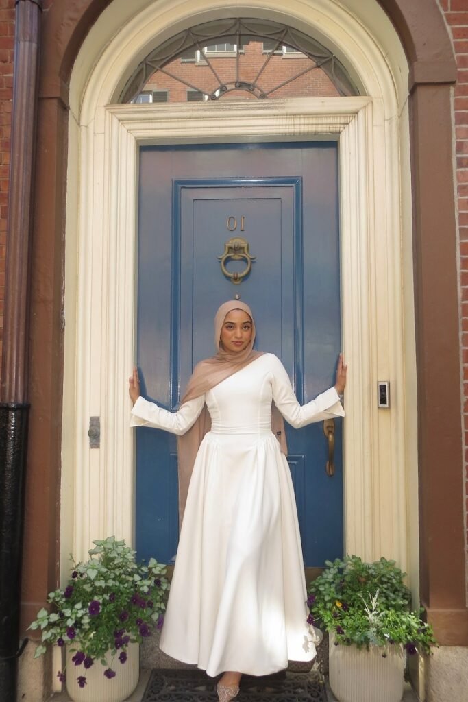 White Long-Sleeve Satin Maxi Dress + Tan Hijab + Nude Embellished Heels