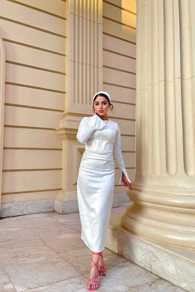 White Long-Sleeve Satin Maxi Dress with Corset Waist + White Headband + Pink Strappy Heeled Sandals