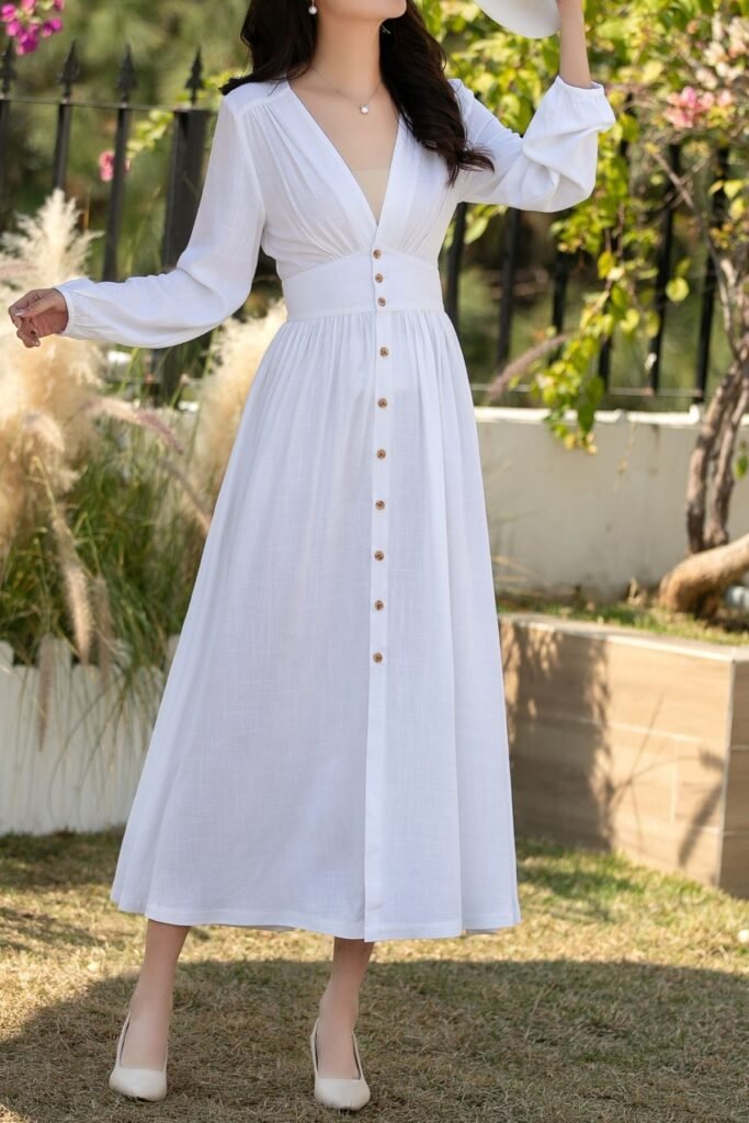 White Long-Sleeve V-Neck Maxi Dress with Button Details + White Pointed-Toe Flats