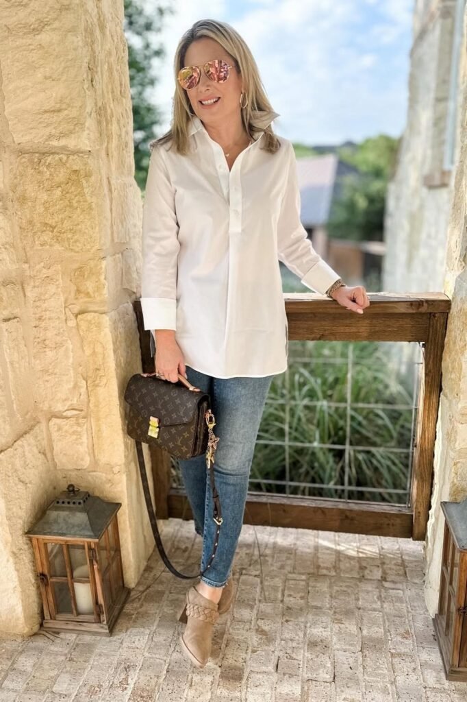 White Longline Button-Up Shirt + Skinny Blue Jeans + Tan Braided Heeled Booties