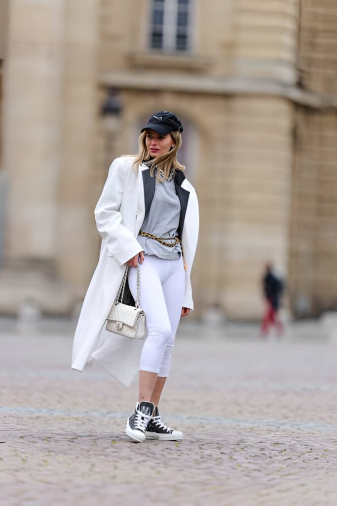 White Longline Coat + Grey T-Shirt + White Capri Leggings + Black and White High-Top Sneakers