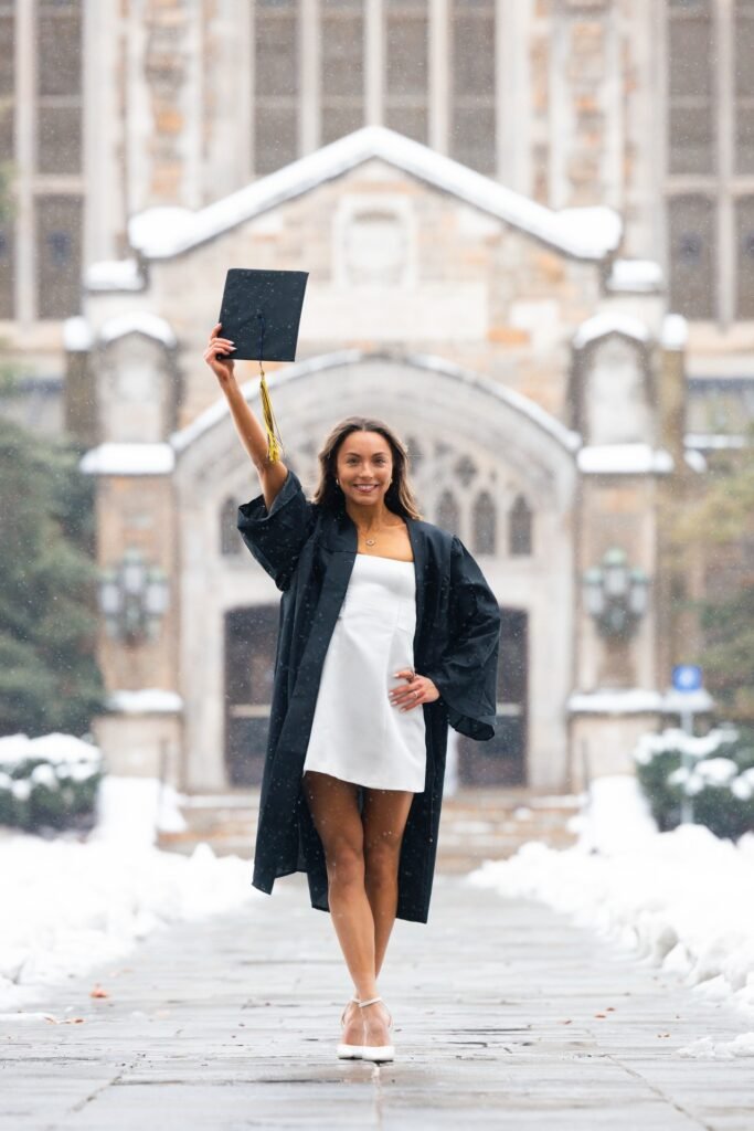 White Mini Dress + Black Graduation Gown + White Pointed-Toe Heels
