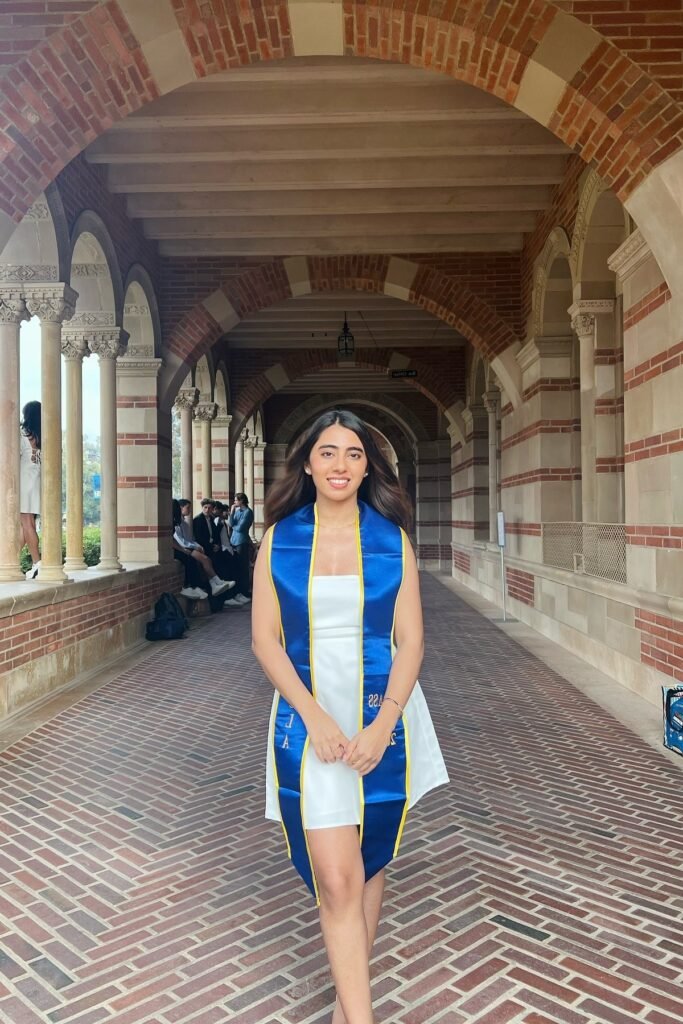 White Mini Dress + Blue and Gold Graduation Sash + Nude Heels