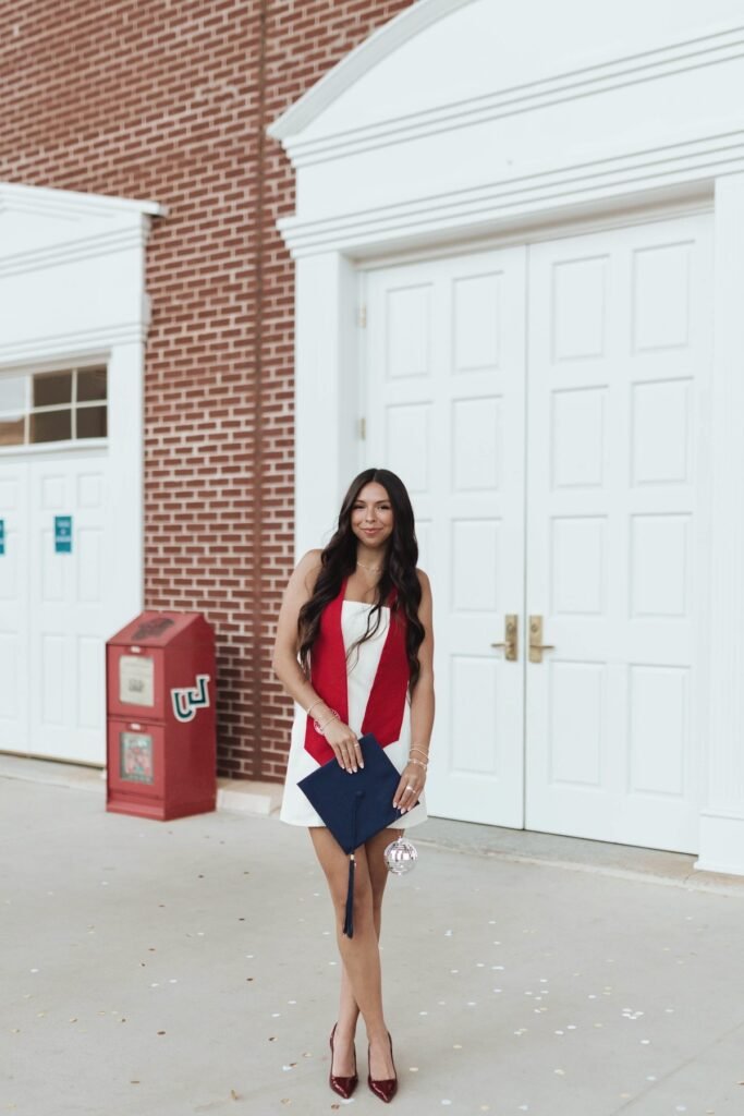 White Mini Dress + Red Graduation Sash + Dark Maroon Pointed Heels
