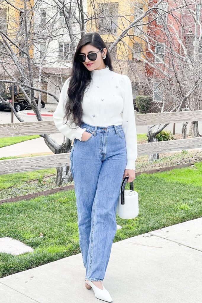 White Mock-Neck Embroidered Sweater + High-Waisted Blue Jeans + White Pointed-Toe Slingbacks