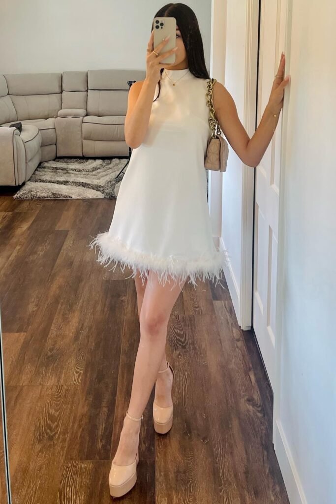 White Mock-Neck Mini Dress with Feather Trim + Nude Platform Heels
