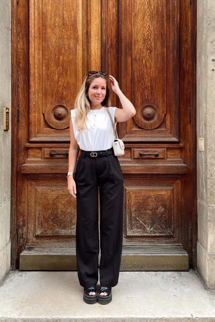 White Muscle Tee + Black High-Waisted Trousers + Black Platform Sandals