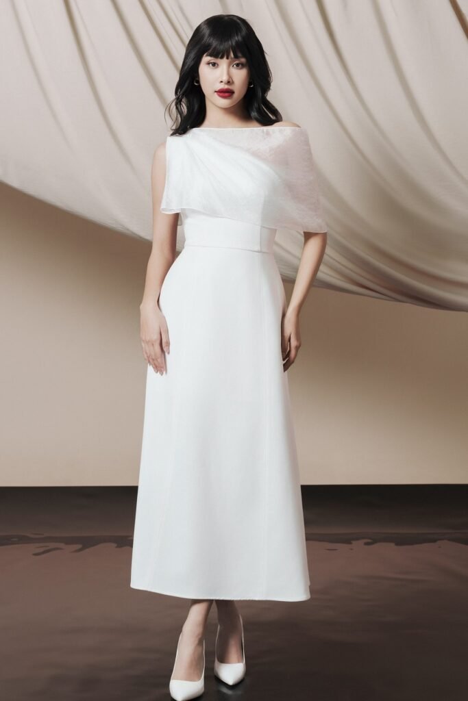 White Off-The-Shoulder Maxi Dress + Sheer Mesh Wrap + White Pointed-Toe Heels