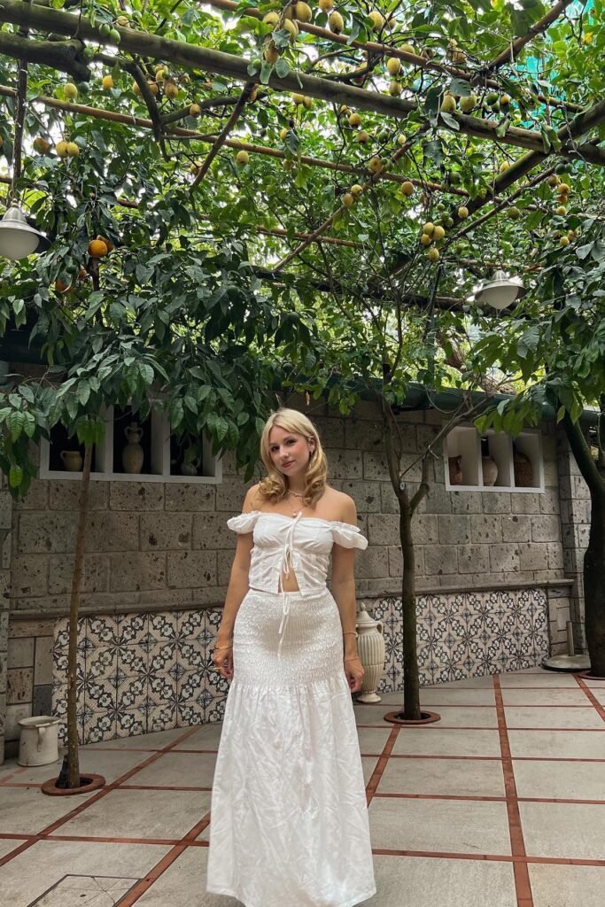 White Off-The-Shoulder Ruffle Top + White Smocked Maxi Skirt