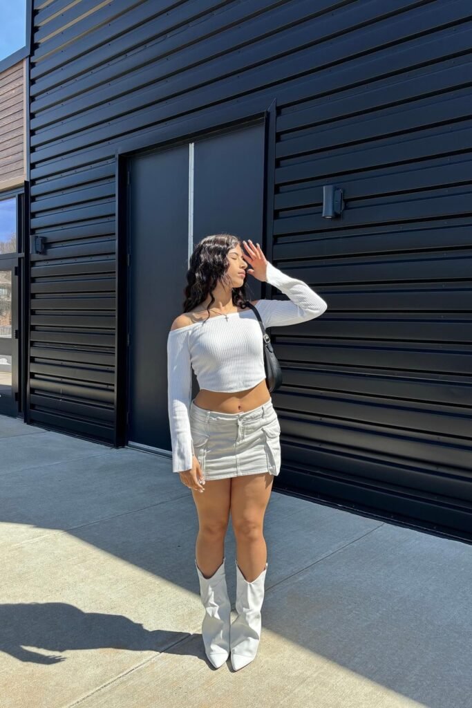 White Off-the-Shoulder Long Sleeve Top + Light Grey Cargo Mini Skirt + White Pointed-Toe Boots