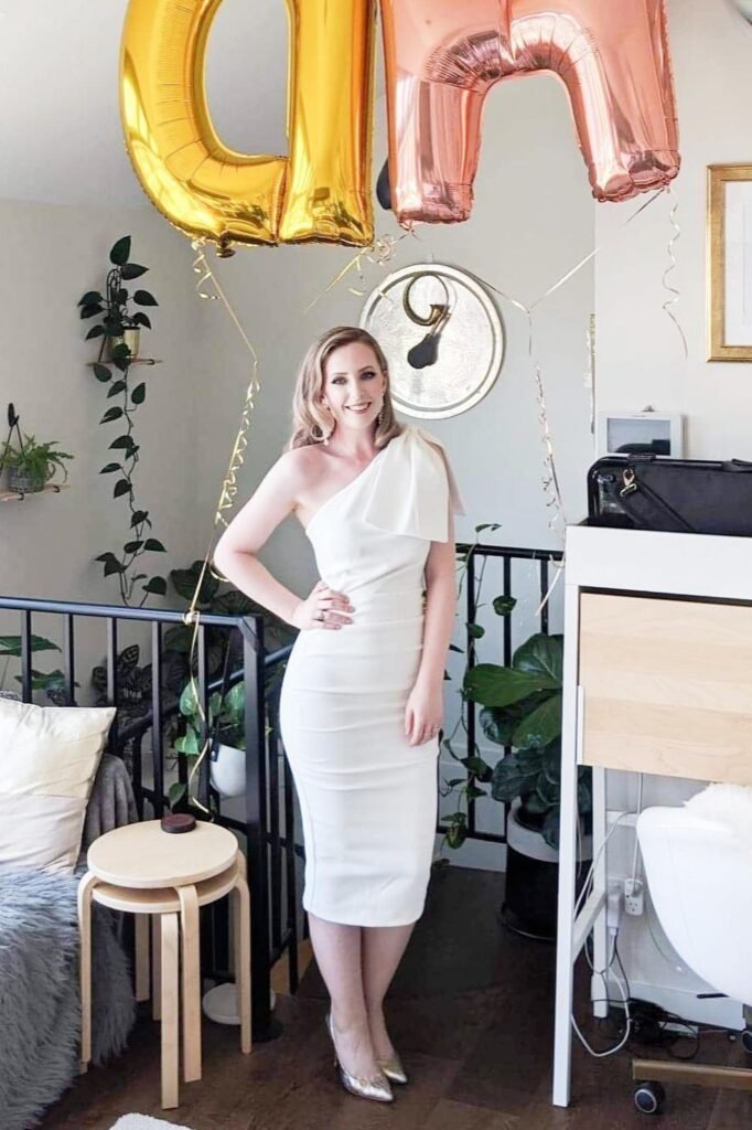 White One-Shoulder Column Midi Dress + Gold Pointed-Toe Heels